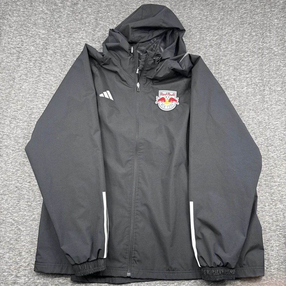 Adidas New York Red Bulls Rain Jacket Mens 3XL Black Full Zip Hooded MLS Soccer